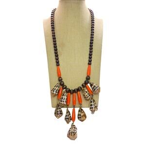 Vintage Chunky Beaded Statement Necklace Tiger Cone Shell Fringe Boho